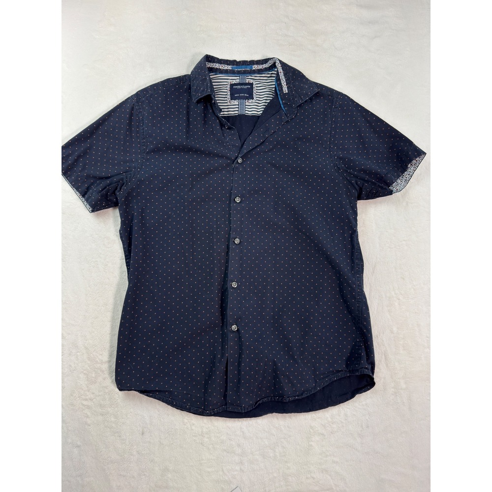 Denim & Flower Ricky Singh Mens Medium Navy Blue Orange Polka Dot Button Up